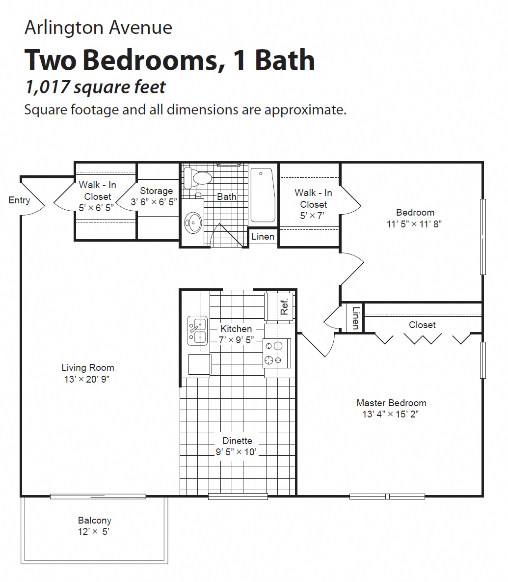 Floor plan for 2 beds, 1 bath, 1102 sqft